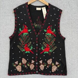 Bobbie Brooks‎ Cardinal Sweater Vest Embroidered Bird Pinecone Holiday Sz  L